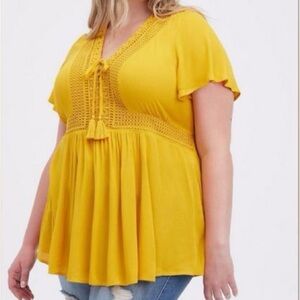 Torrid Women’s Mustard Yellow Crochet Lace VNeck Babydoll Blouse Sz 1